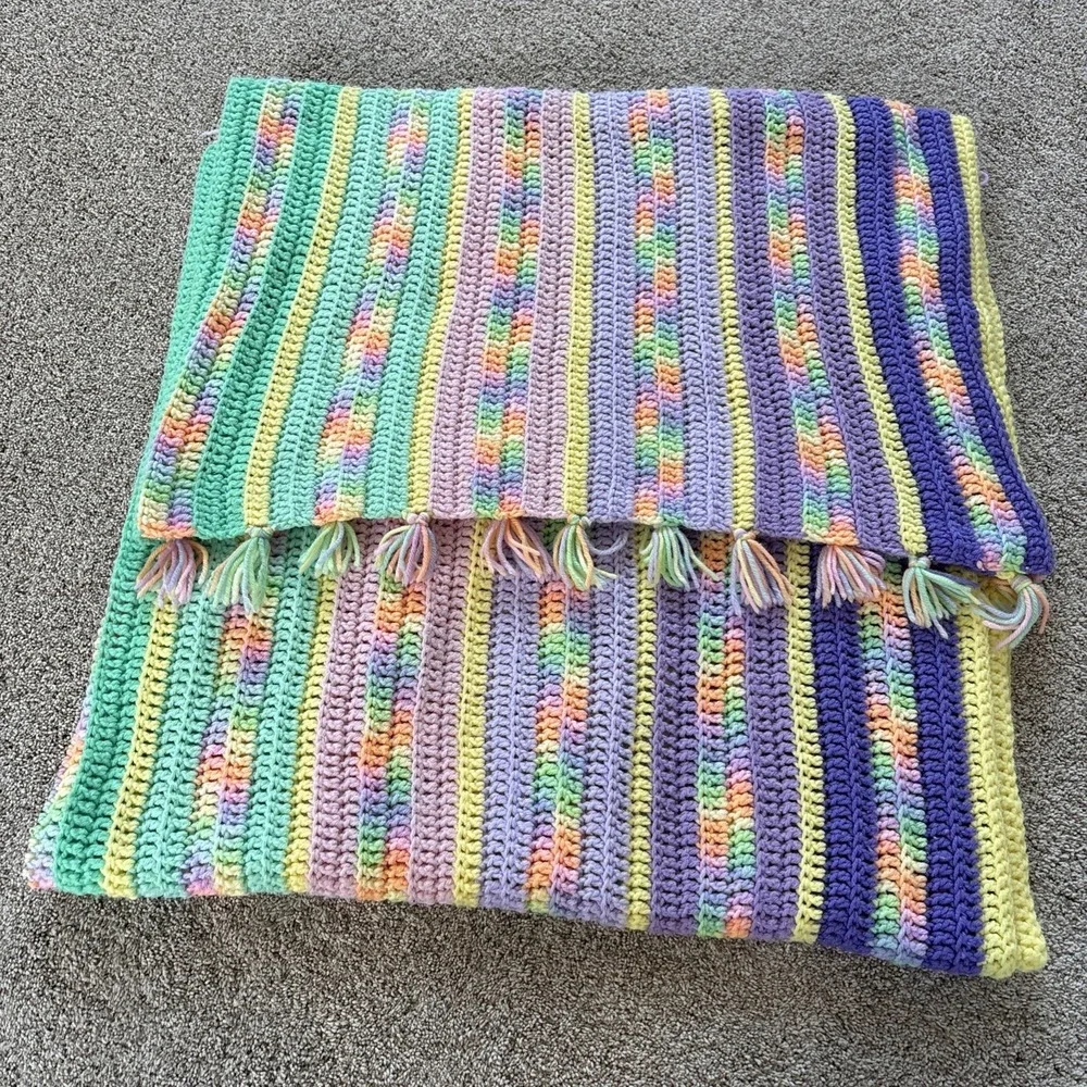 Vtg‎ Handmade Crochet Afghan Large Pastel Throw Blanket Spring Easter 50